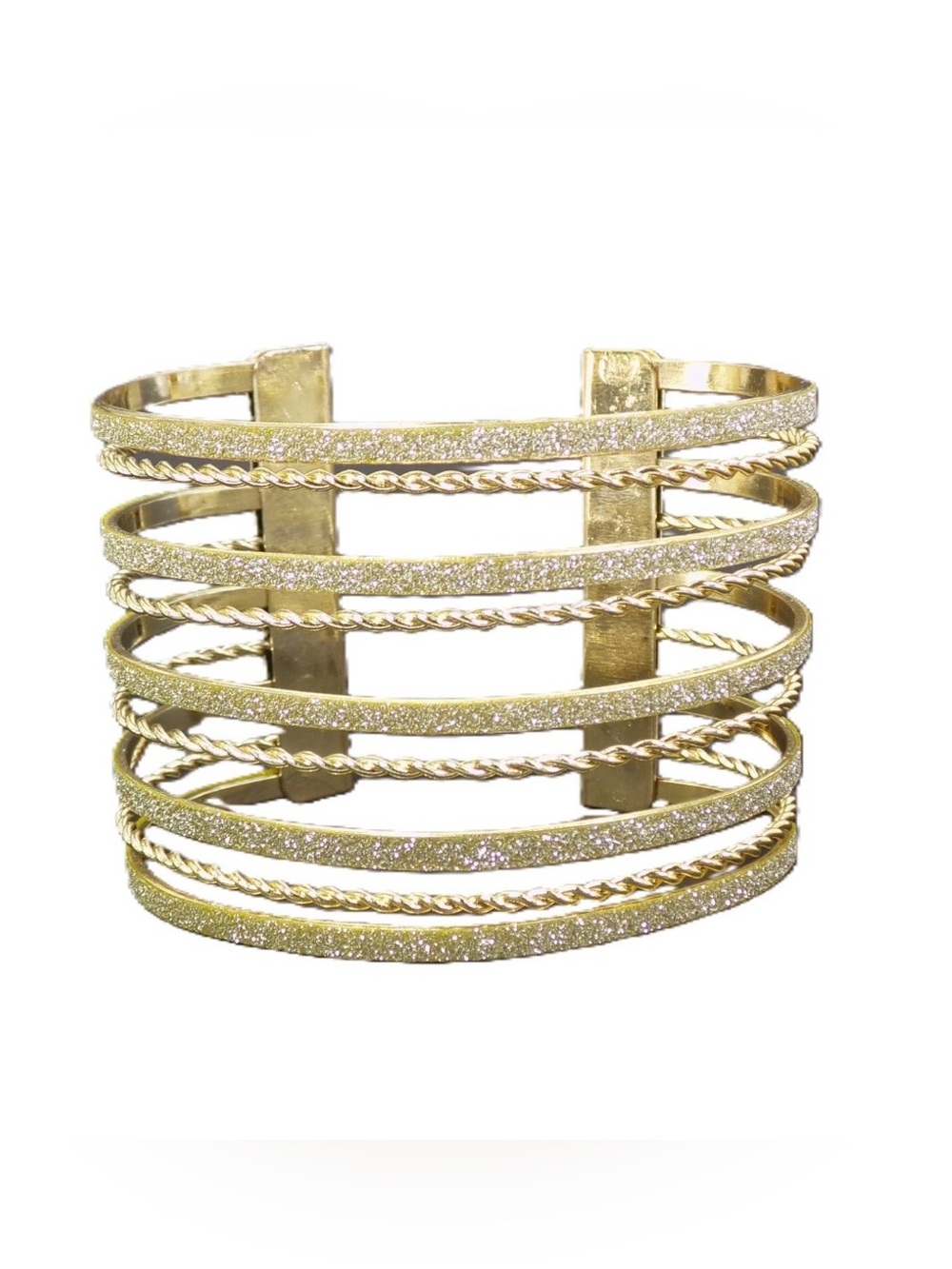 Wide gold cuff bracelet with twisted wire and sparkle rows 2" wide New
